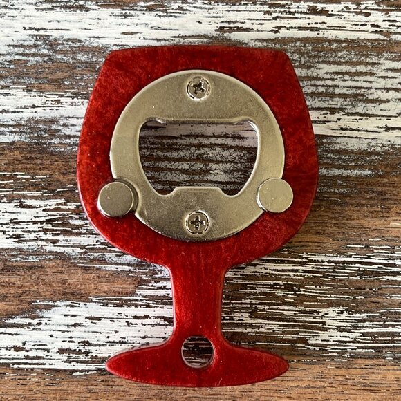Red Cherry Blossoms Wine Glass Resin Bottle Opener with Fridge Magnet Bar Access - Picture 2 of 2